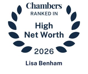 A laurel wreath with text: Chambers Ranked In High Net Worth 2026 Lisa Benham displayed in dark blue on a white background