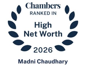 A dark blue laurel wreath surrounds the words Chambers Ranked In High Net Worth 2026 with Madni Chaudhary below on a white background.