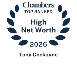 Laurel wreath graphic with the text: Chambers Top Ranked High Net Worth 2026 Tony Cockayne