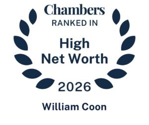 Dark blue laurel wreath with text: Chambers Ranked In High Net Worth 2026 William Coon on a white background.