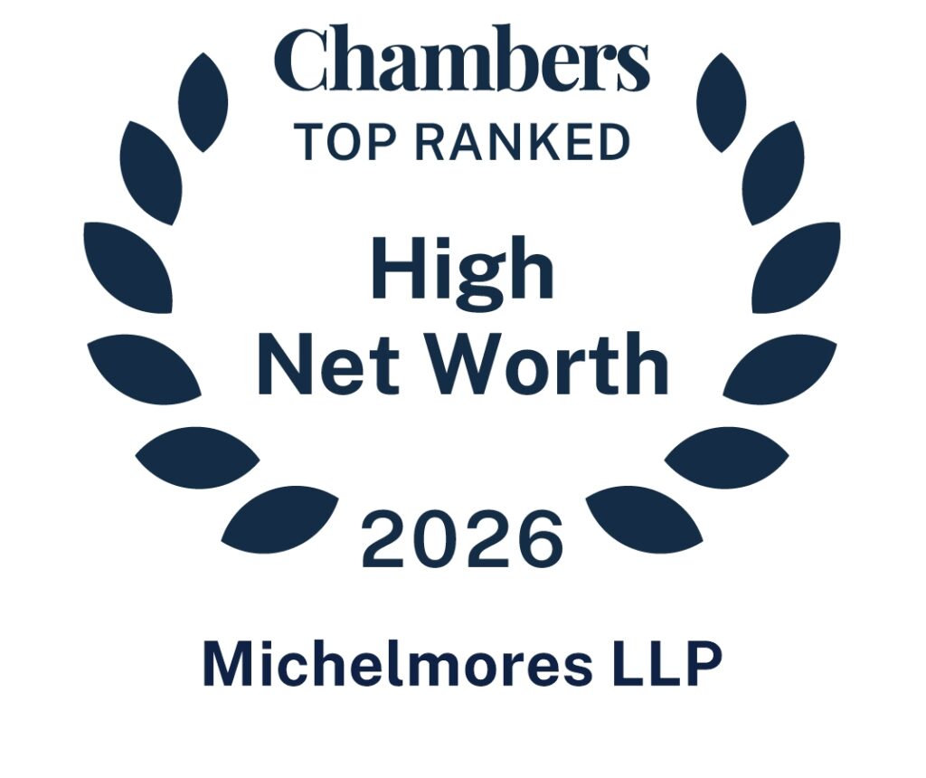 A laurel wreath surrounds the text: Chambers Top Ranked High Net Worth 2026 Michelmores LLP in blue and white