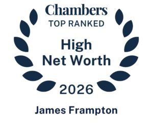A dark blue laurel wreath surrounds the words: Chambers TOP RANKED High Net Worth 2026. Below, it says James Frampton. The design has a formal, award-like appearance.