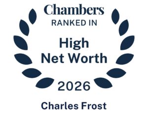 A dark blue laurel wreath with the words: Chambers Ranked In High Net Worth 2026 Charles Frost on a white background.