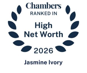 A laurel wreath surrounds the text: Chambers RANKED IN High Net Worth 2026 Jasmine Ivory