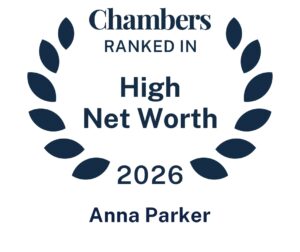 A laurel wreath with text: Chambers Ranked In High Net Worth 2026 Anna Parker in dark blue font on a white background.