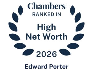 A laurel wreath surrounds the text: Chambers Ranked in High Net Worth 2026 Edward Porter on a white background.
