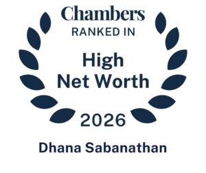 A laurel wreath surrounds the text: Chambers Ranked In High Net Worth 2026 Dhana Sabanathan in blue font on a white background.
