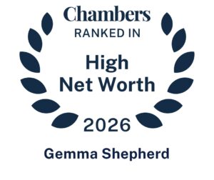 Navy blue laurel wreath logo with text: Chambers Ranked In High Net Worth 2026. Gemma Shepherd on a white background.