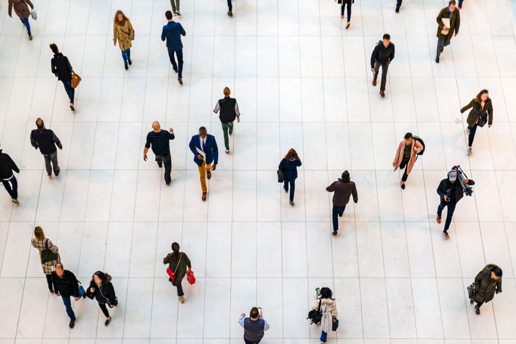 Top view people walking white floor