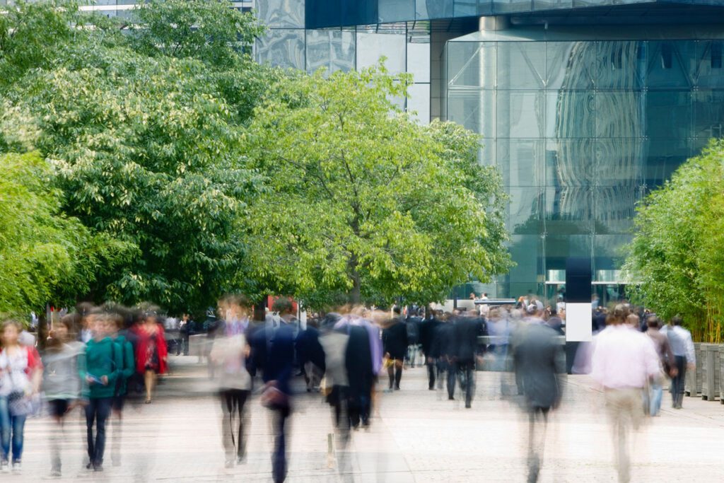 Busy street outside office building with trees