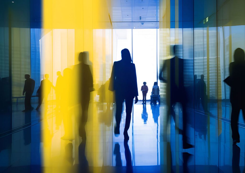 Abstract image of people walking through office
