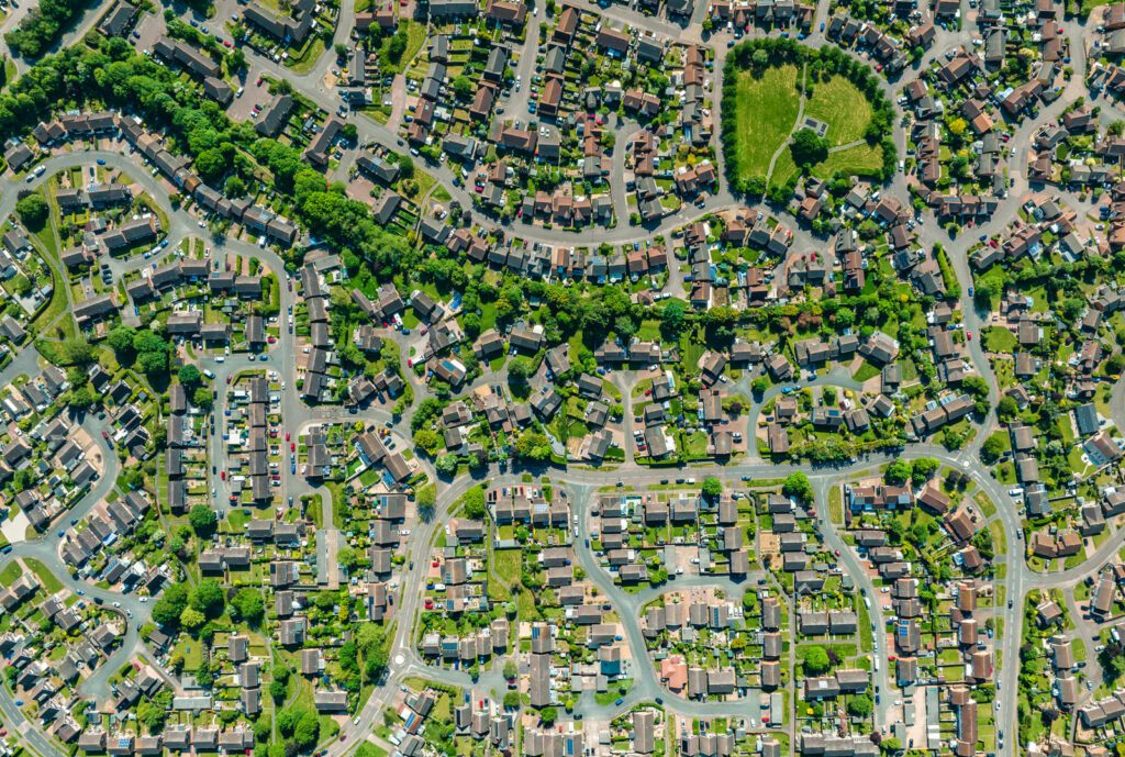 Houses and fields shown from the sky by drone give a unique perspective on UK life on the suburbs