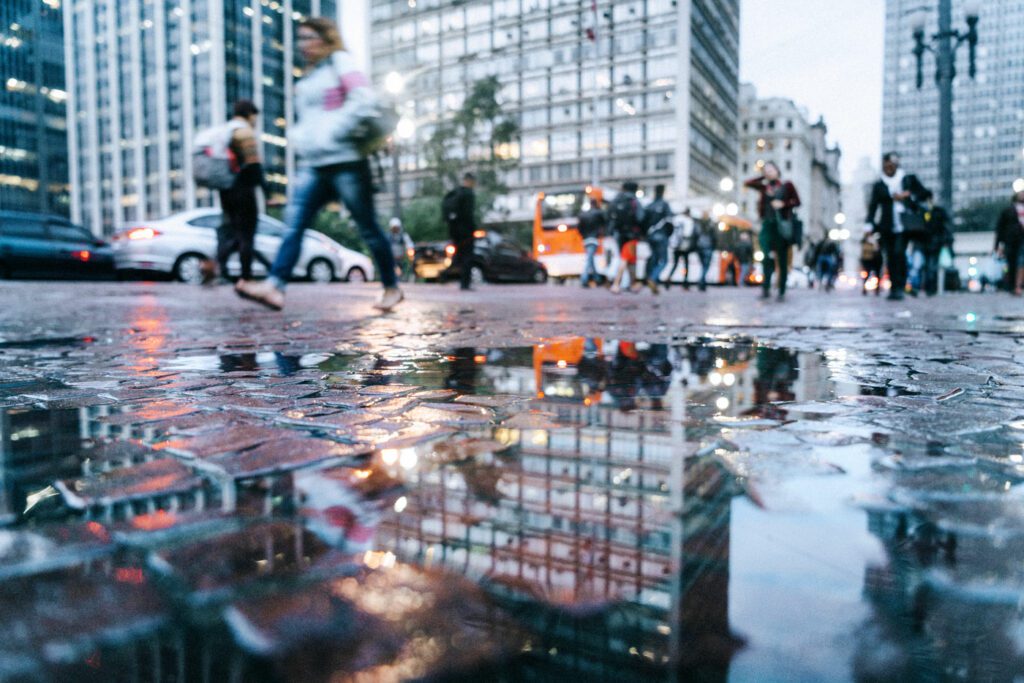 Puddle reflection view to the streets