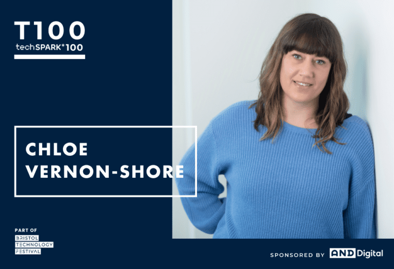 A woman with brown hair wearing a blue jumper stands against a light background. Text reads: T100 techSPARK*100, CHLOE VERNON-SHORE. Logos: Bristol Technology Festival and AND Digital. Sponsored by AND Digital.