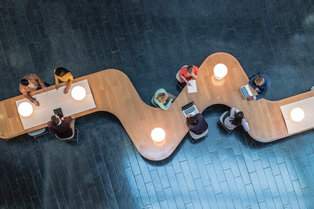 Overhead view of business meetings