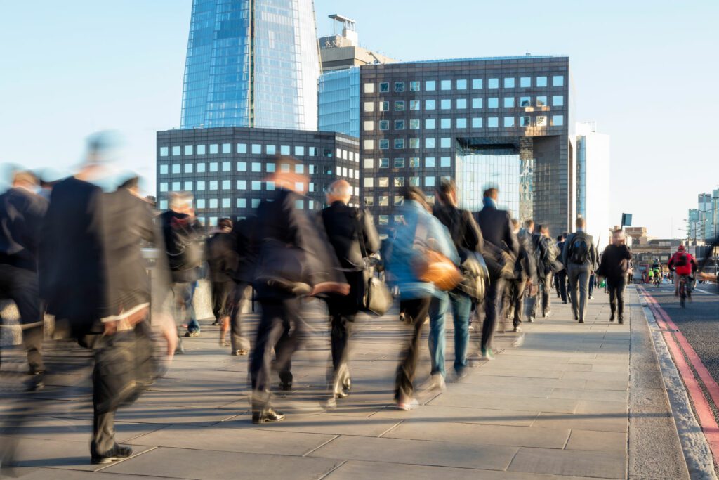 Large Group of Businesspeople Walking in London Financial District