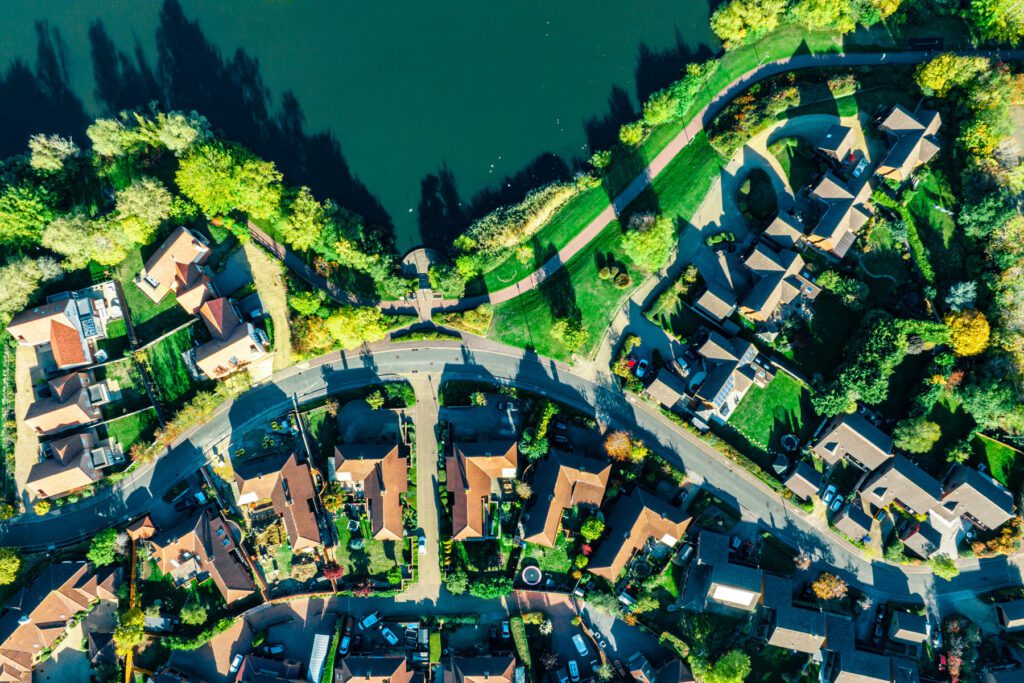 Aerial footage of as typical suburban housing estates in the British town of Milton Keynes