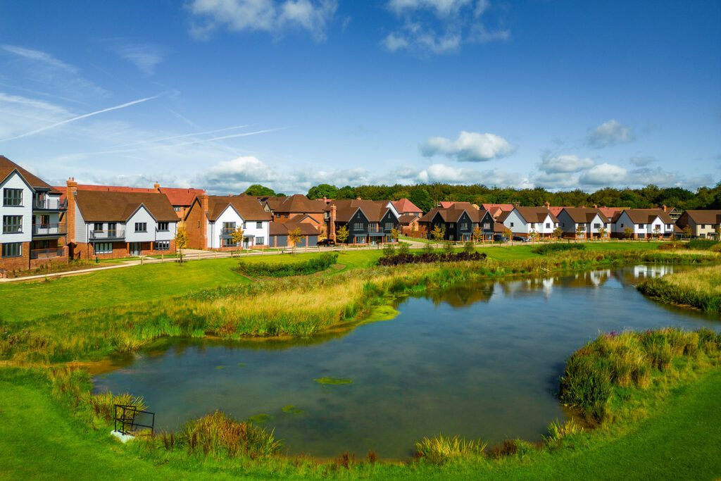 Aerial view, taken by drone, depicting new houses under construction in a suburb in the southeast of England.