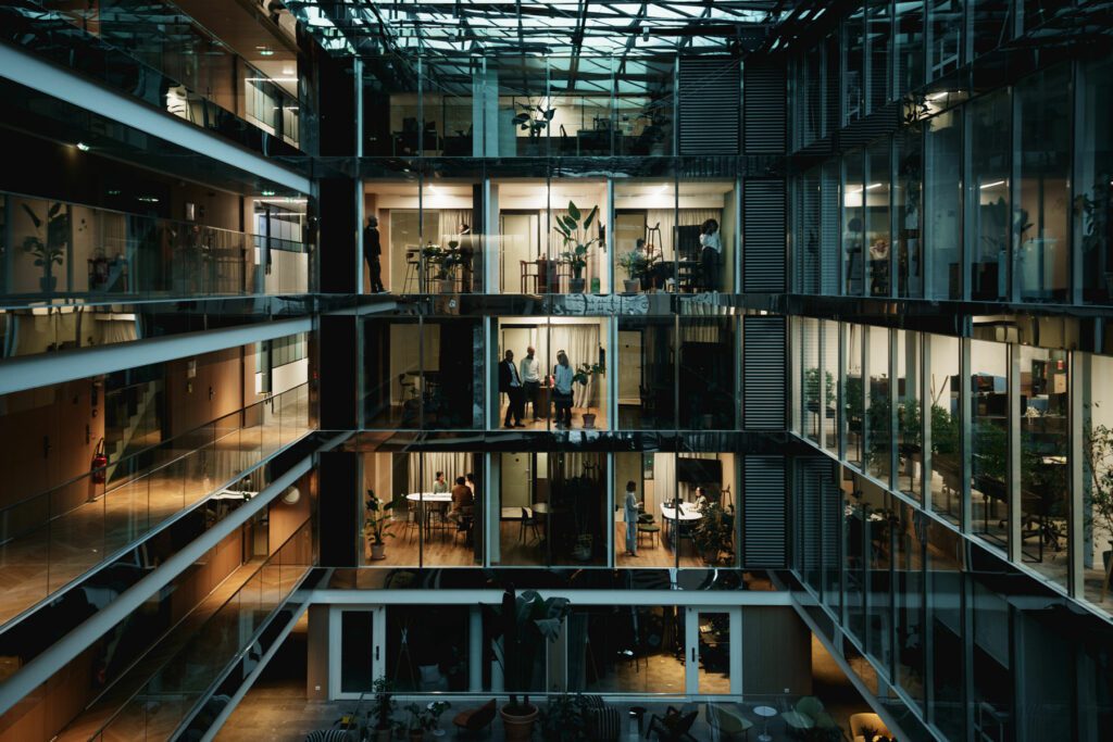 Modern office building by night