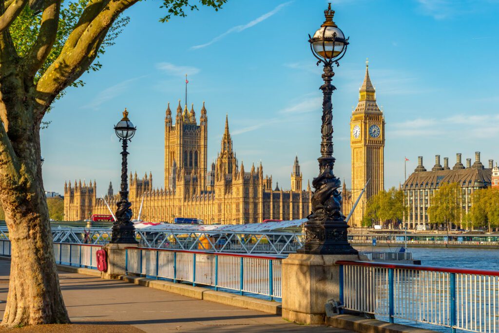 Houses of Parliament and Big Ben seen from Queen's Walk, London, UK