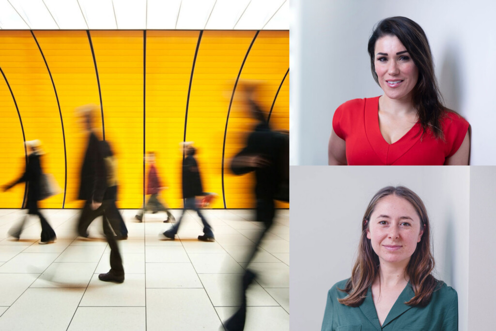 A split image: left side shows blurred people walking in a yellow-lit corridor; right side has two portrait photos of women, one in a red top (top) and one in a green top (bottom), both smiling at the camera.