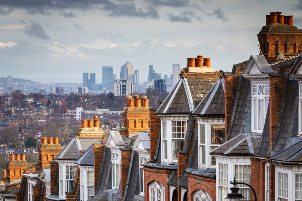 The red brick Victorian row houses of Muswell Hill with panoramic views across to the skyscrapers and financial district of the city of London.