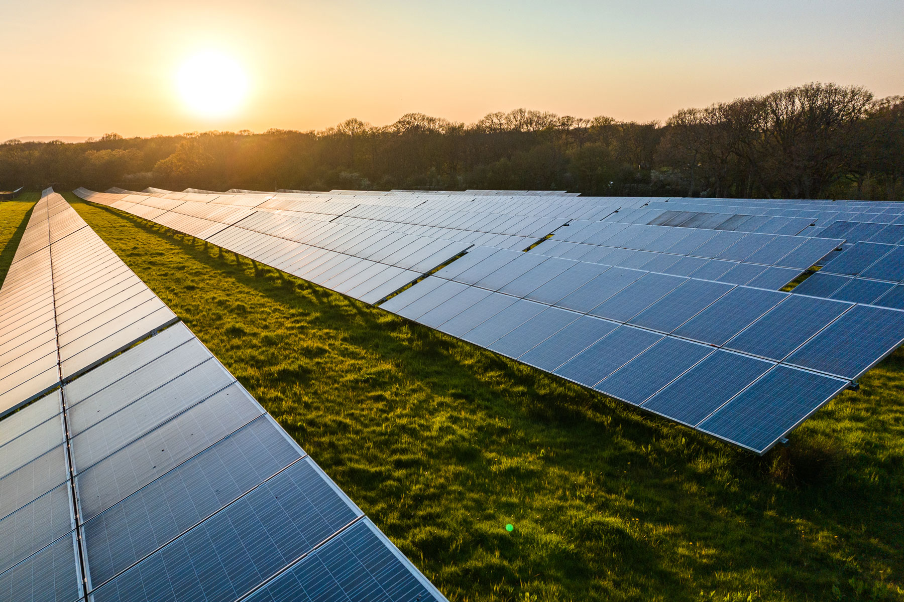 Solar power farm in the evening