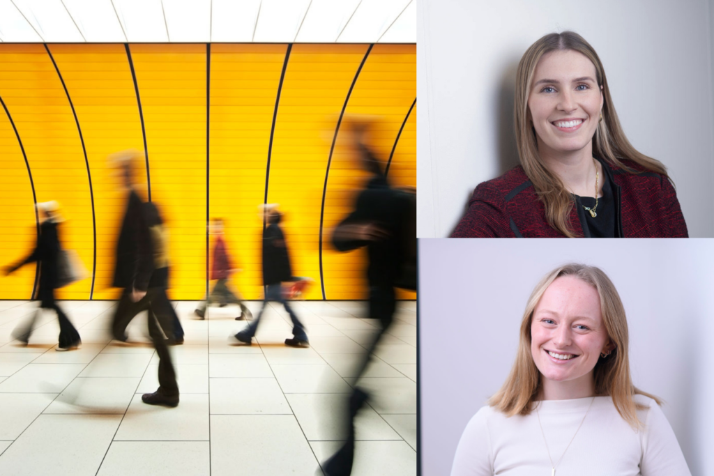 A split image: left side shows blurred people walking in front of a bright yellow wall; right side has two portraits of women smiling against white backgrounds, one in a red jacket and one in a white top.