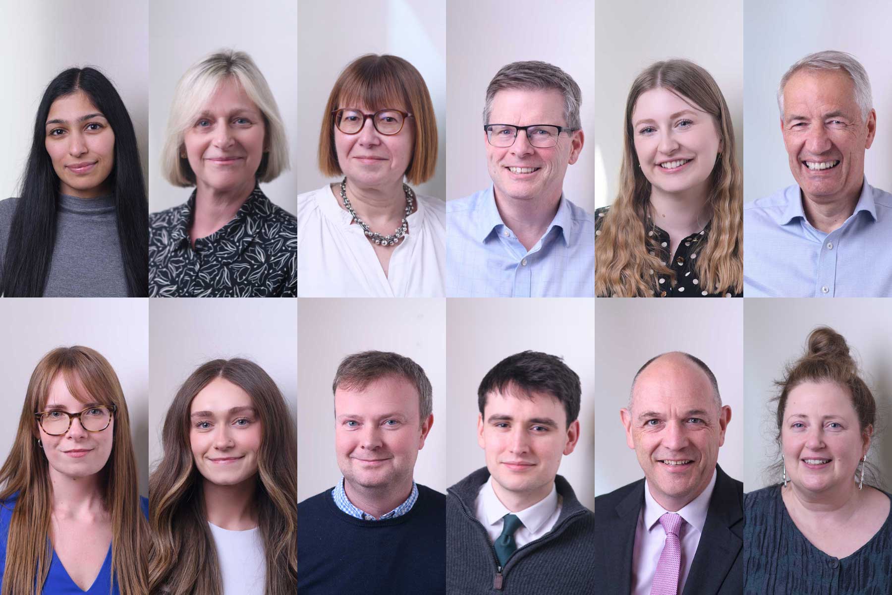 A collage of twelve people, men and women, smiling and facing the camera against plain backgrounds.