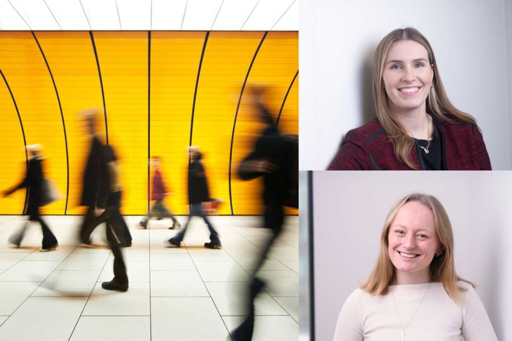 Blurred people walking in front of a bright yellow wall on the left; two women smiling in separate portrait photographs on the right.