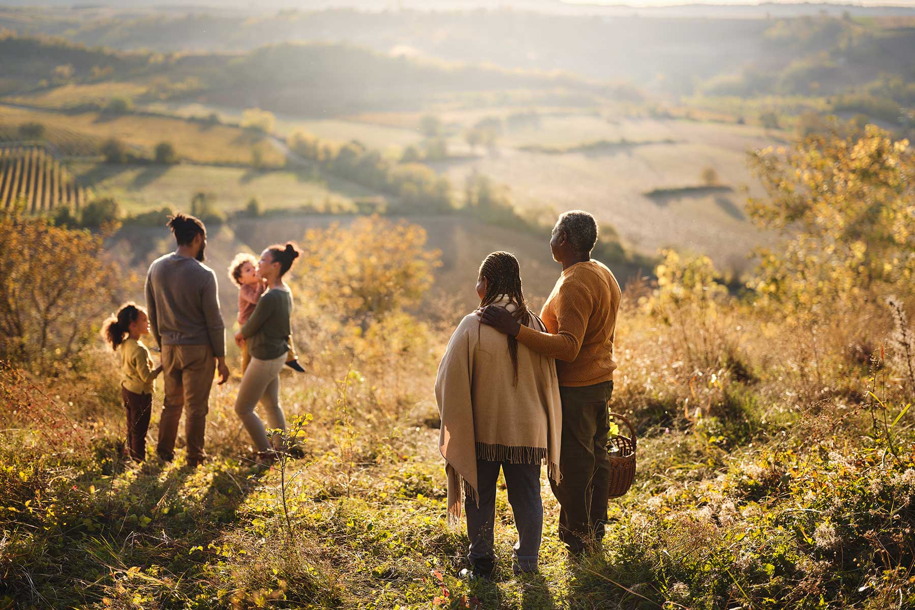 Back view of embraced grandparents looking at their family on a field in autumn day.