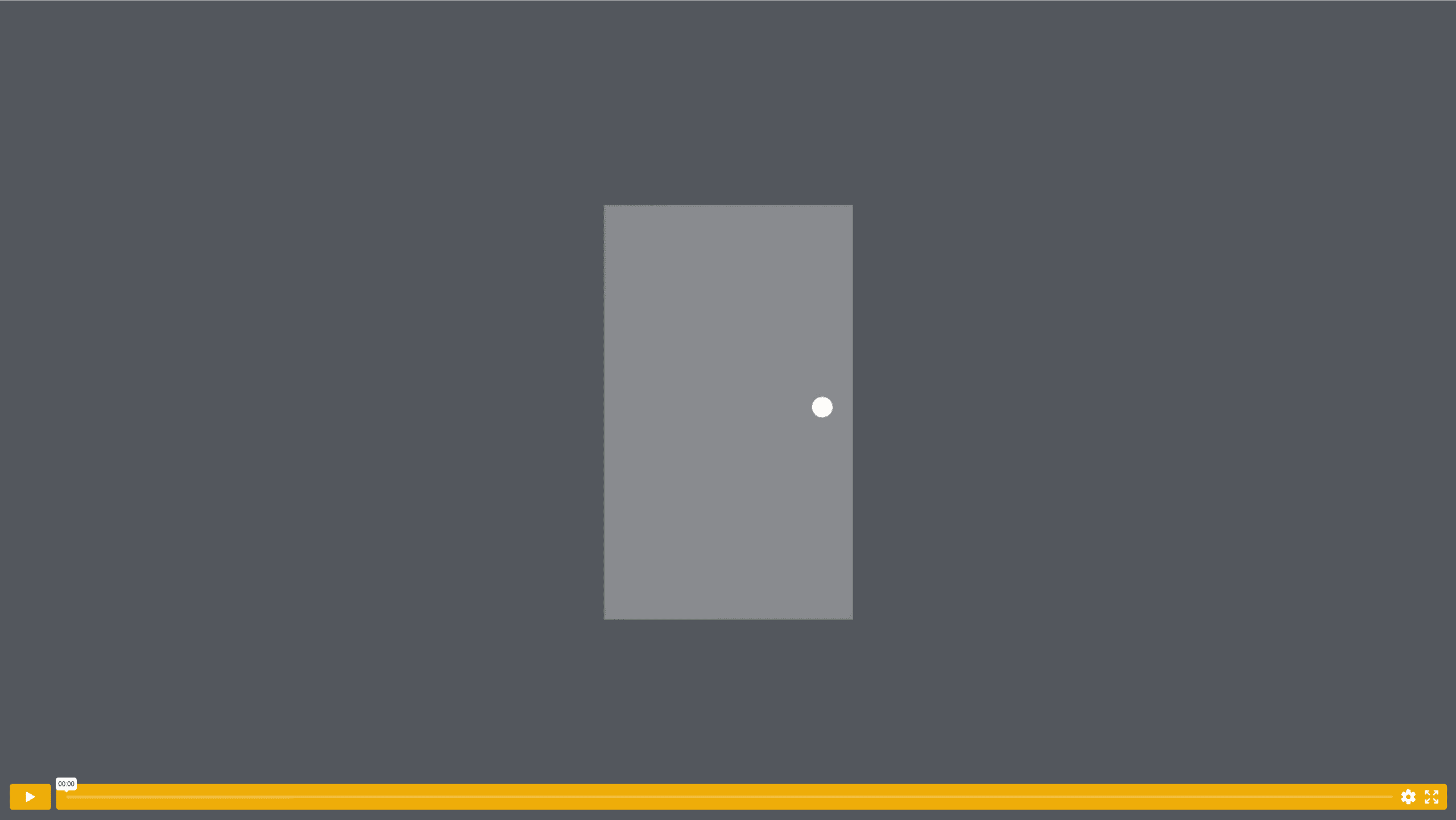 A simple grey door with a white knob is centred on a dark grey background, suggesting an inviting entry point for trainees. At the bottom of the image is a yellow progress bar and media player controls.