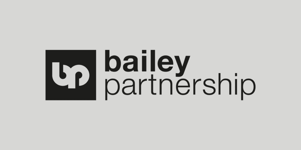 Logo showing a black square with intertwined lowercase b and p, next to the words bailey partnership in black text on a light grey background, created for the Michelmores 5k Charity Run.