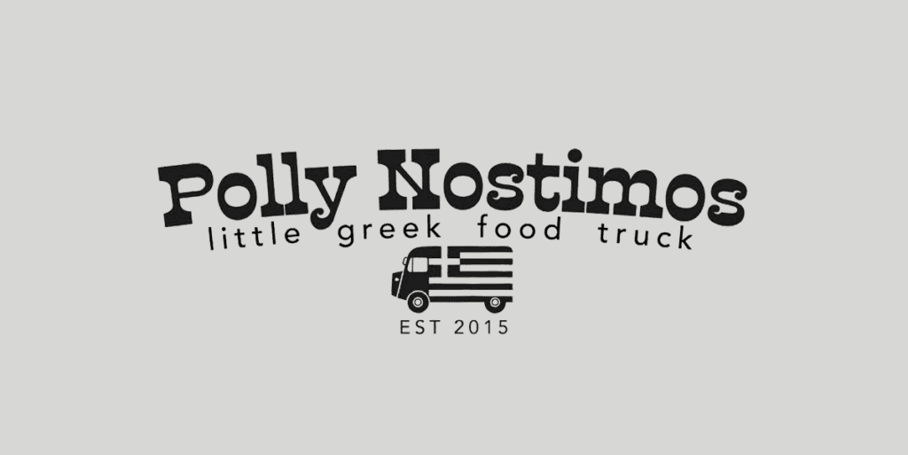 Logo for Polly Nostimos little Greek food van with a black food van graphic featuring a Greek flag and the text EST 2015 below it, perfect for events like the Michelmores 5k Charity Run.