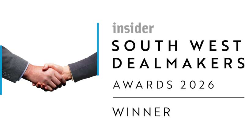 Two people shaking hands on the left; on the right, text reads: Insider South West Dealmakers Awards 2026 Winner, celebrating outstanding achievements in awards recognition.