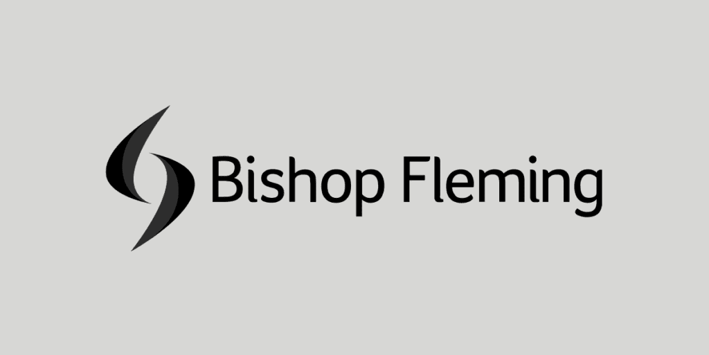Bishop Fleming logo with abstract black shapes forming a stylised B to the left of the company name in black text on a light grey background, as seen at the Michelmores 5k Charity Run.
