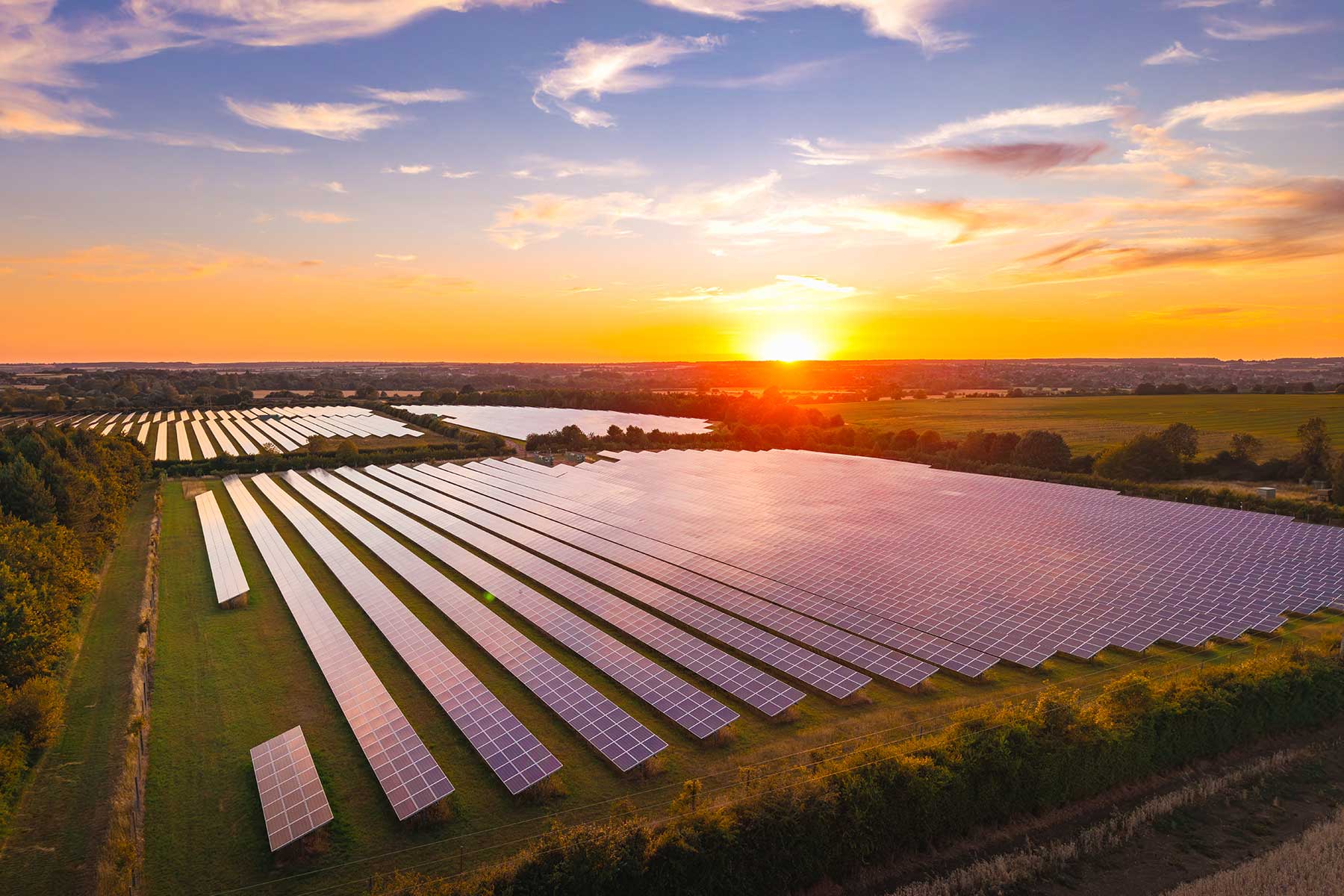 A large solar farm with rows of solar panels stretches across a green field at sunset, with a vibrant sky and trees in the background.