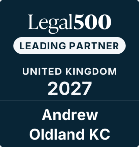 Legal 500 badge for Leading Partner, United Kingdom 2027, awarded to Andrew Oldland KC.