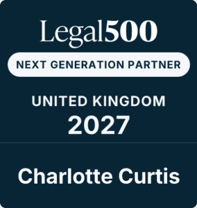 A Legal 500 badge reading: Next Generation Partner, United Kingdom 2027, Charlotte Curtis on a dark blue background.