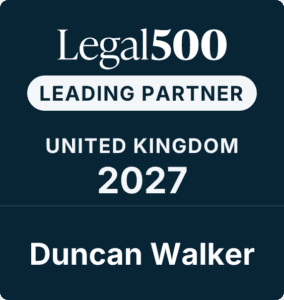 A Legal 500 badge reads: Legal500 Leading Partner United Kingdom 2027 Duncan Walker in white text on a dark background.