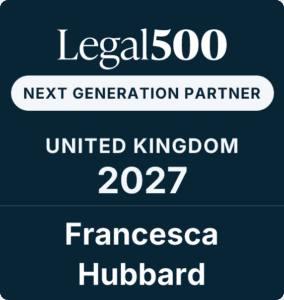Legal 500 Next Generation Partner badge for the United Kingdom, 2027, with the name Francesca Hubbard displayed on it.