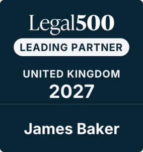 Legal500 badge showing Leading Partner, United Kingdom 2027, James Baker on a dark blue background.
