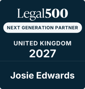 A dark blue badge reads: Legal500 Next Generation Partner United Kingdom 2027 Josie Edwards.