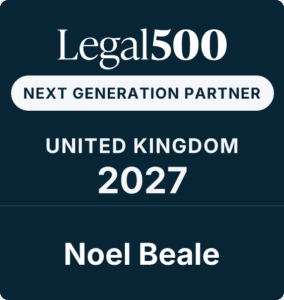 A Legal 500 badge reads: NEXT GENERATION PARTNER, UNITED KINGDOM 2027, Noel Beale on a dark blue background.