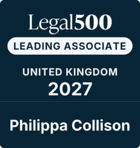 A badge reading Legal 500 Leading Associate United Kingdom 2027 Philippa Collison on a dark background.