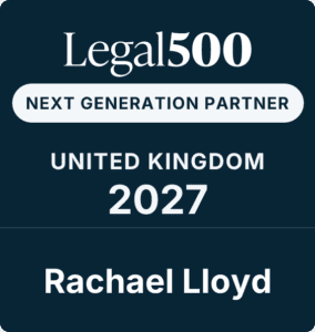 Legal 500 award badge reading: Next Generation Partner, United Kingdom 2027, Rachael Lloyd on a dark blue background.