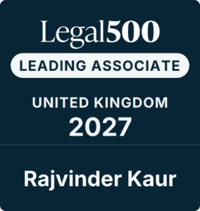 Legal 500 Leading Associate badge for the United Kingdom, 2027, awarded to Rajvinder Kaur.