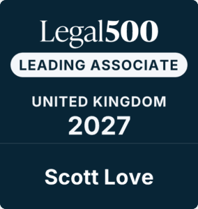 Legal 500 badge showing LEADING ASSOCIATE, UNITED KINGDOM 2027 with the name Scott Love on a dark blue background.