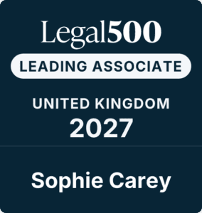 Legal 500 badge for Leading Associate, United Kingdom 2027, with the name Sophie Carey displayed at the bottom on a dark background.
