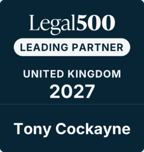 Legal 500 Leading Partner badge for the United Kingdom 2027, displaying the name Tony Cockayne.